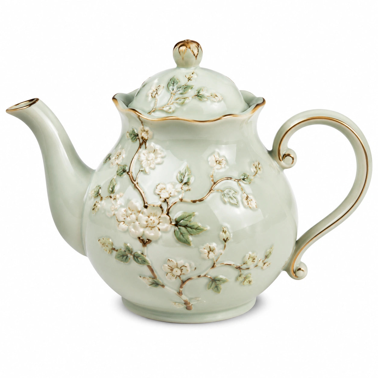 Teiera 1.20 L in ceramica verde chiaro con decoro floreale e coperchio