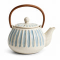 Teiera in ceramica Ø 20 cm beige e azzurro con manico in legno stile rustico