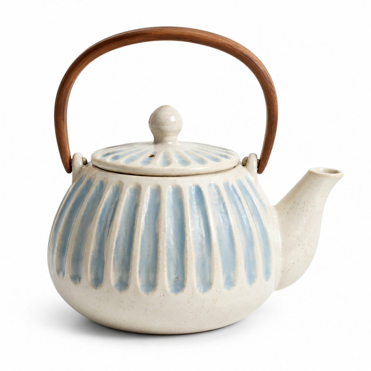 Teiera in ceramica Ø 20 cm beige e azzurro con manico in legno stile rustico