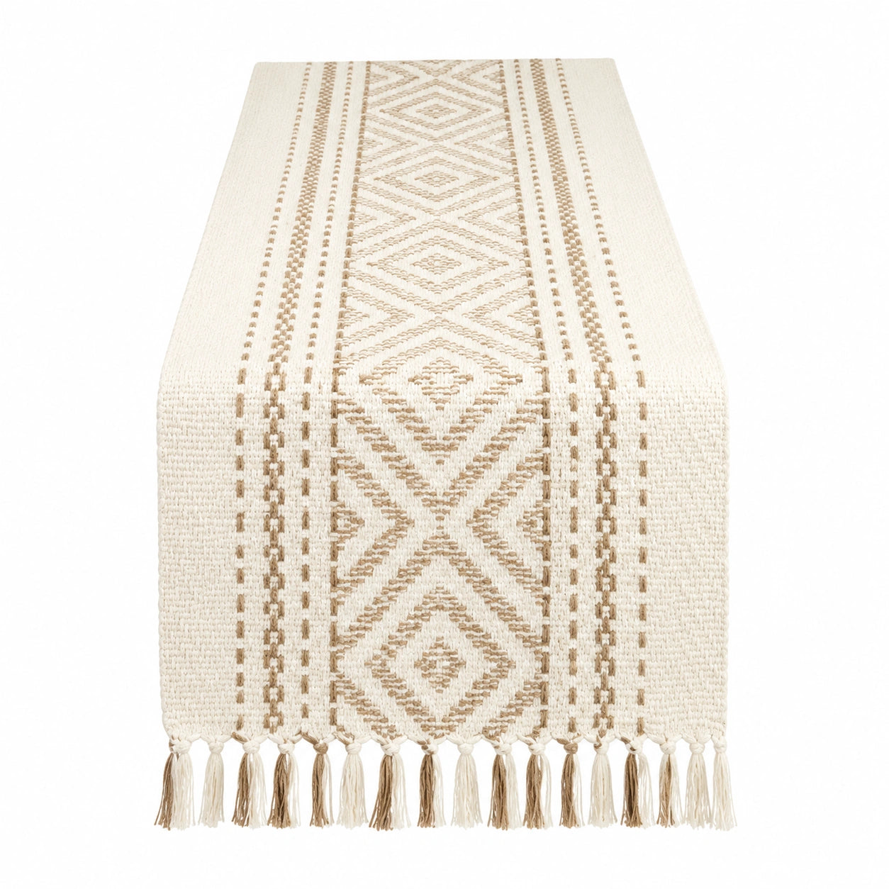 Runner da tavola 180 x 35 cm in tessuto beige e marrone con motivo geometrico e frange