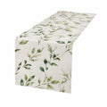 Runner da tavola 180 x 35 cm in tessuto bianco e verde con foglie - stile botanico