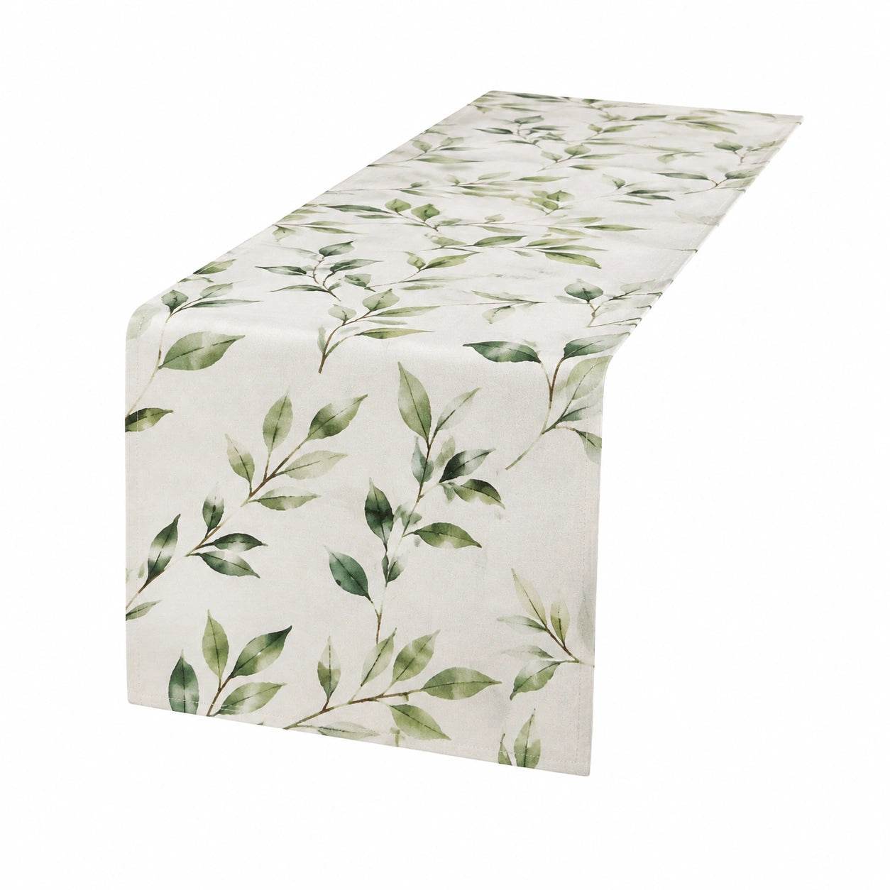 Runner da tavola 180 x 35 cm in tessuto bianco e verde con foglie - stile botanico