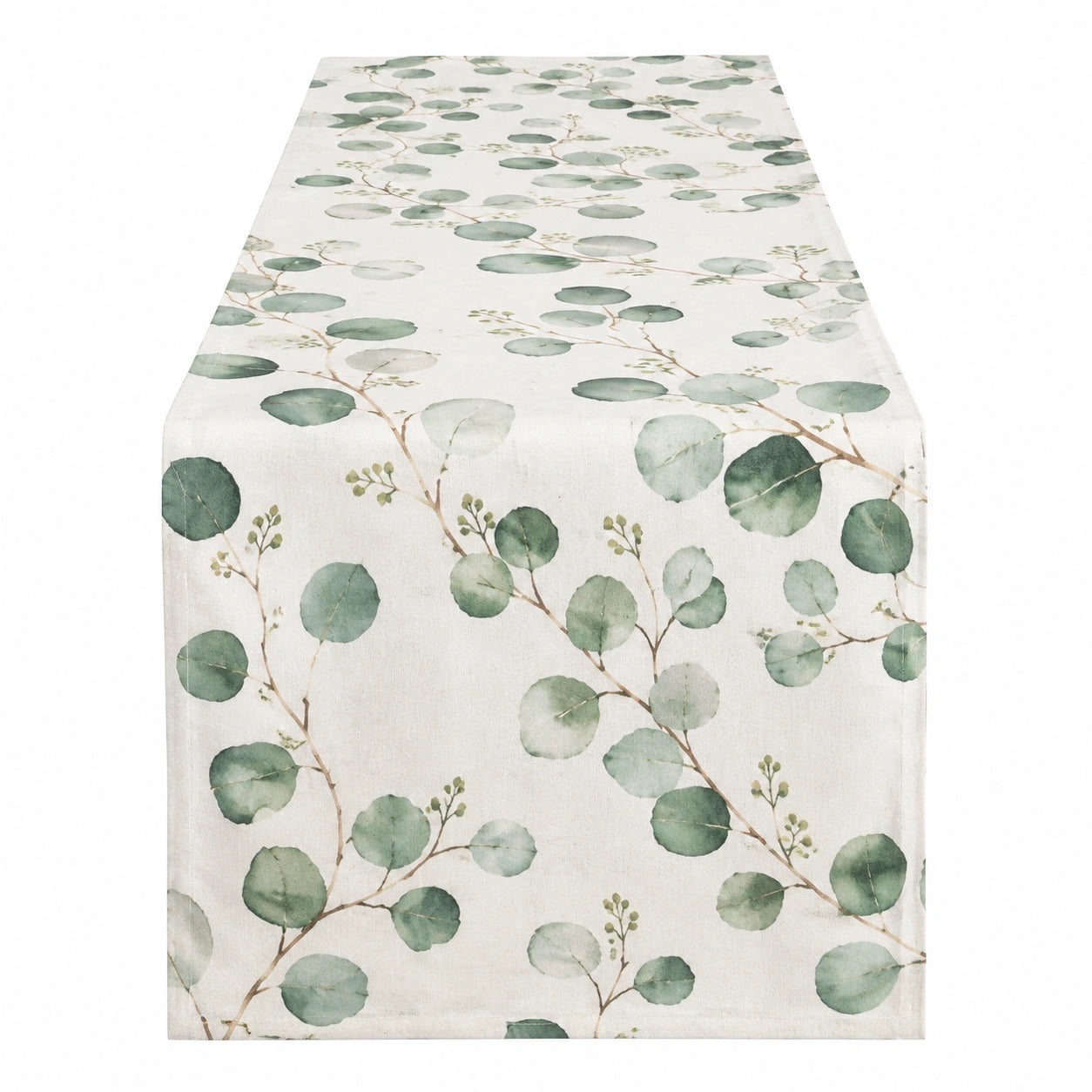 Runner da tavola 180 x 40 cm in poliestere bianco e verde con foglie decorative