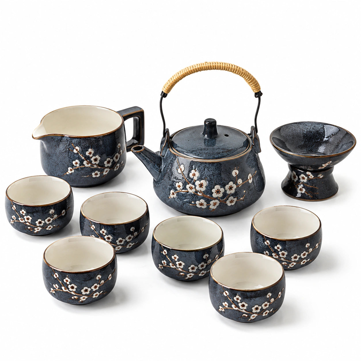 Servizio da tè in ceramica blu con 6 tazze e teiera 19 x 13 x 14 cm - decorazione floreale