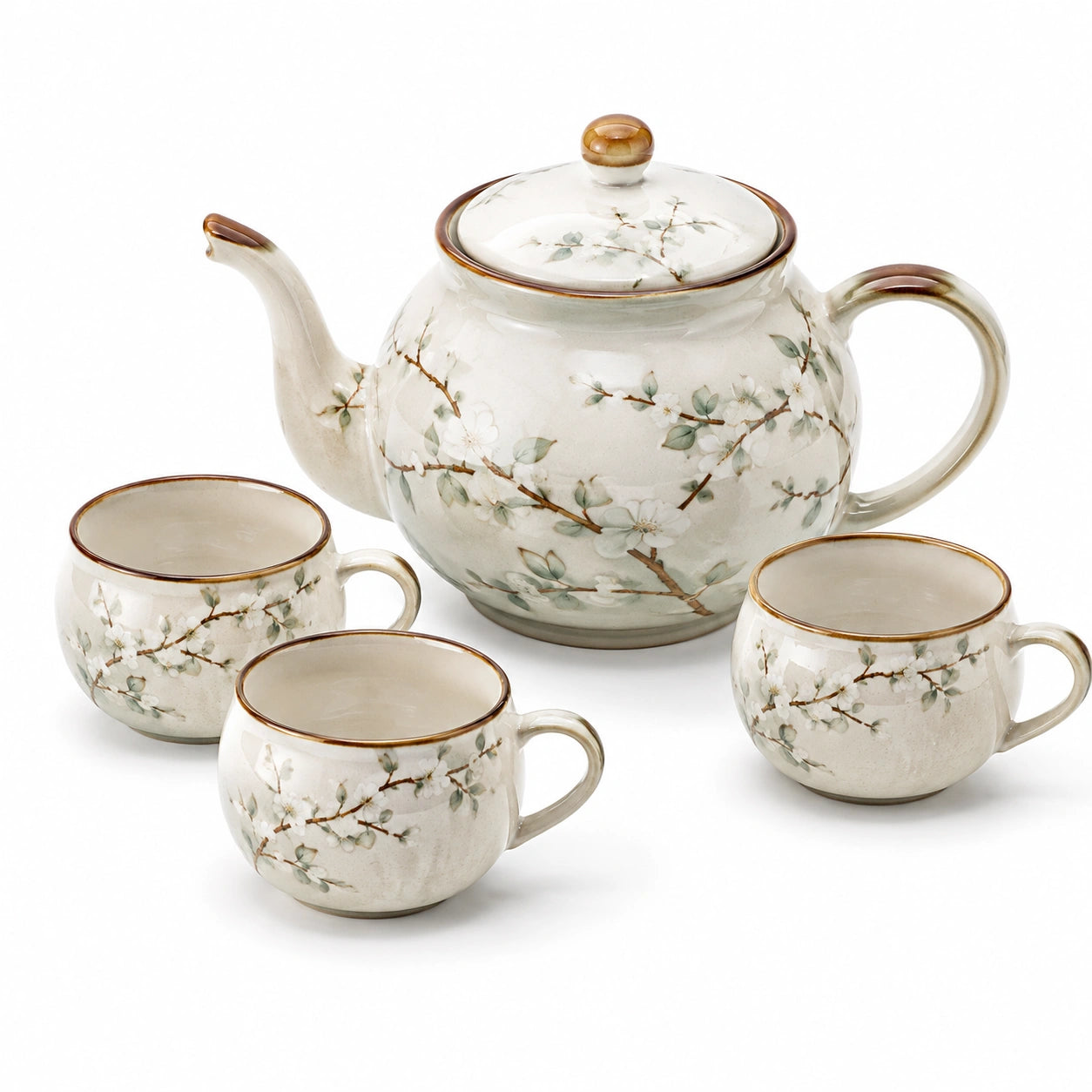 Servizio da tè in ceramica 4 pezzi beige con motivo floreale per 3 persone
