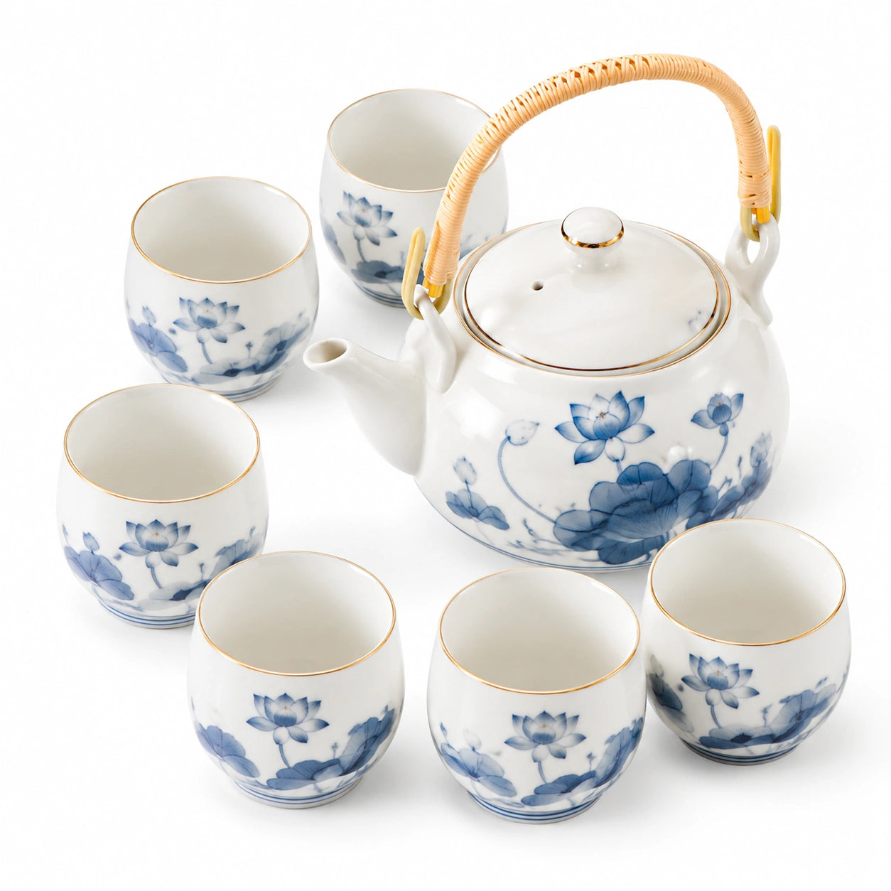 Servizio da tè in ceramica 7 pezzi 800 ml bianco e blu con decorazione floreale