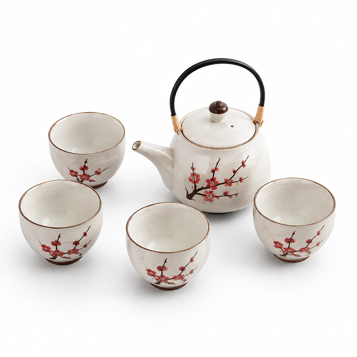 Set da tè 5 pezzi in ceramica beige con decoro floreale - teiera 900 ml e tazze 180 ml