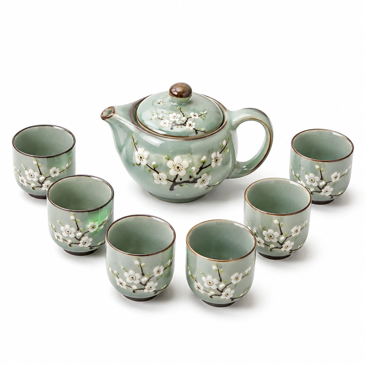 Servizio da tè in ceramica 7 pezzi 900 ml verde salvia con motivo floreale