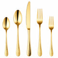 Set posate 5 pezzi in acciaio inox dorato con manici martellati