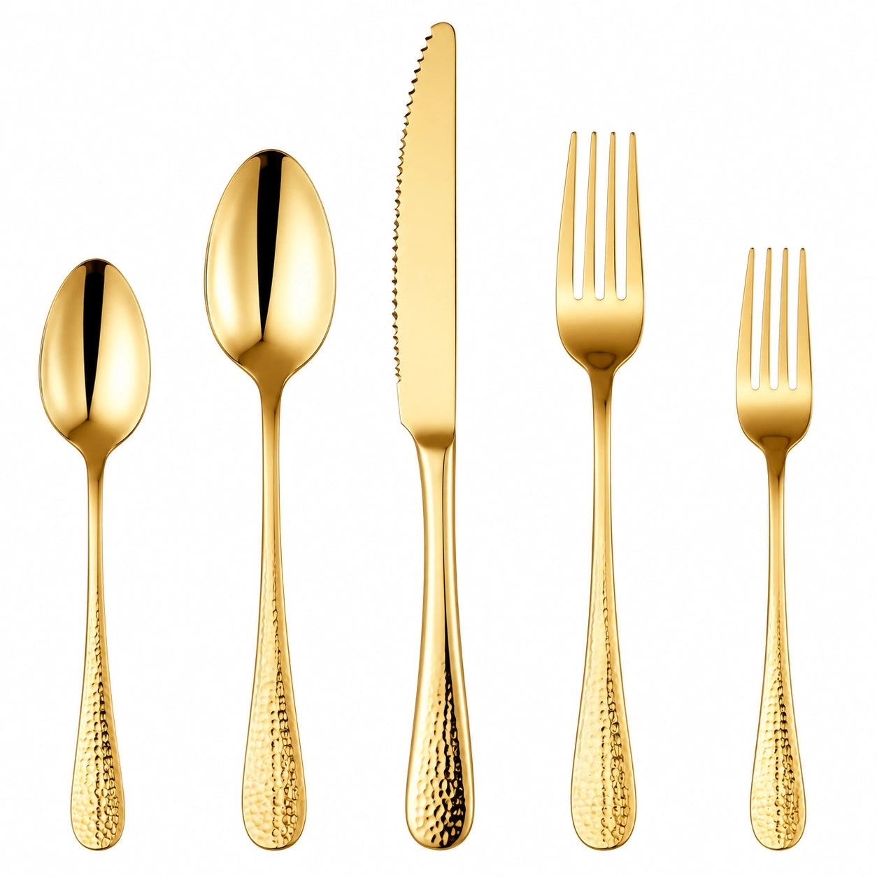 Set posate 5 pezzi in acciaio inox dorato con manici martellati