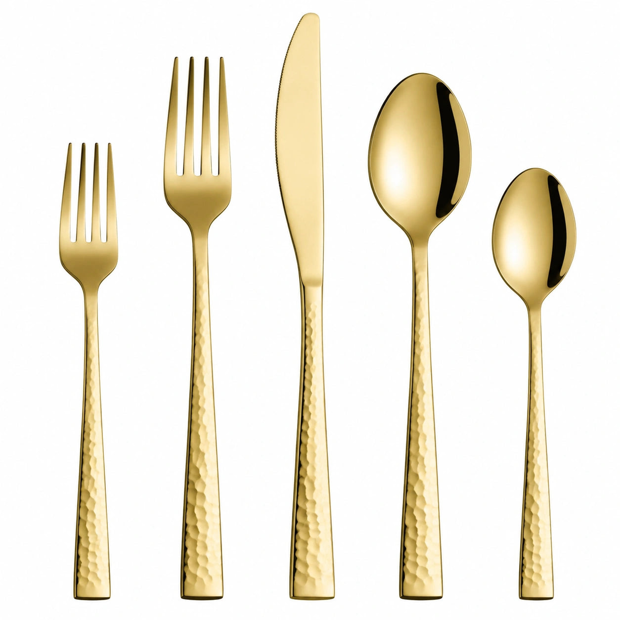 Set di posate 5 pezzi 14.5-23 cm in acciaio inox dorato con manici martellati - servizio da tavola