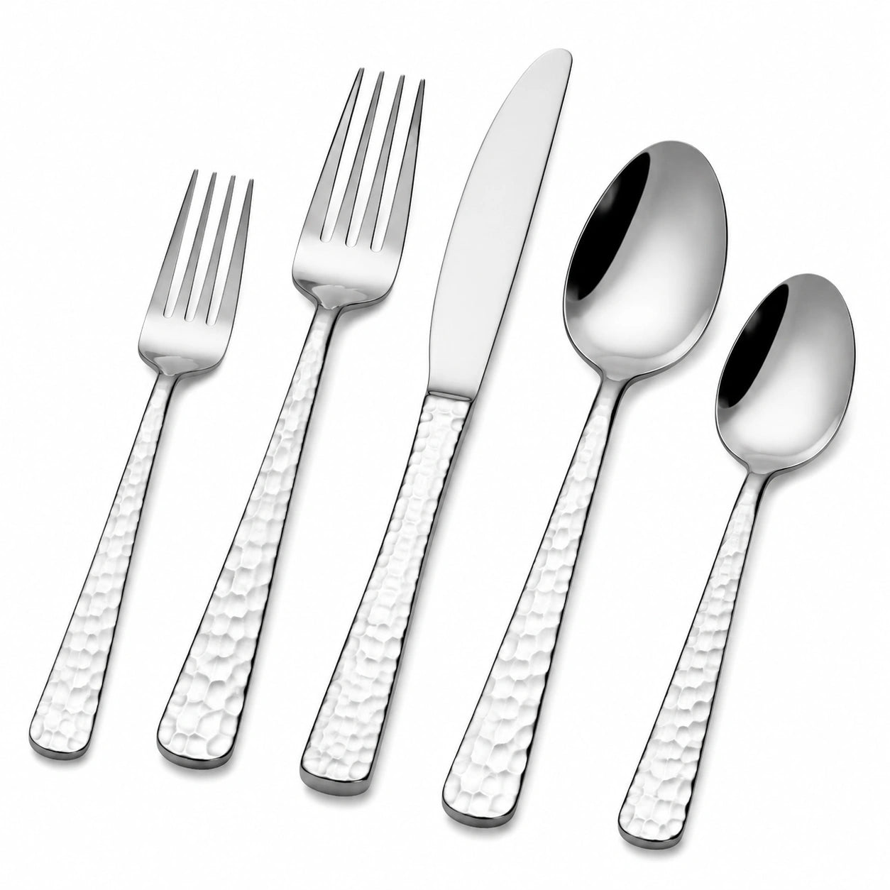 Set posate 5 pezzi 14.5-22 cm in acciaio inossidabile argento con manici martellati per tavola