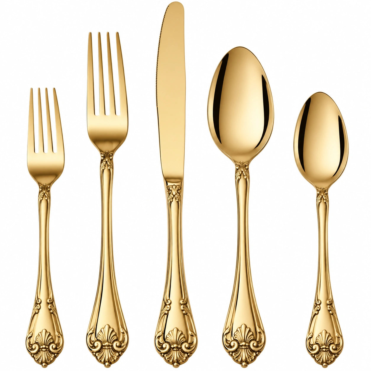 Set di posate 5 pezzi in acciaio inox color oro - stile classico per tavola