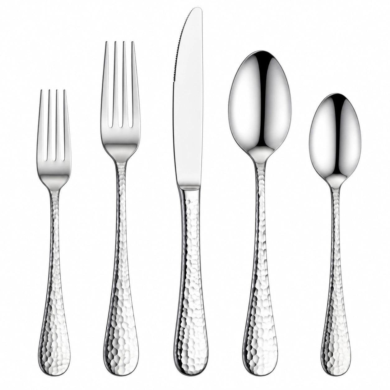 Set posate 5 pezzi 23 cm in acciaio inox argento con manici martellati