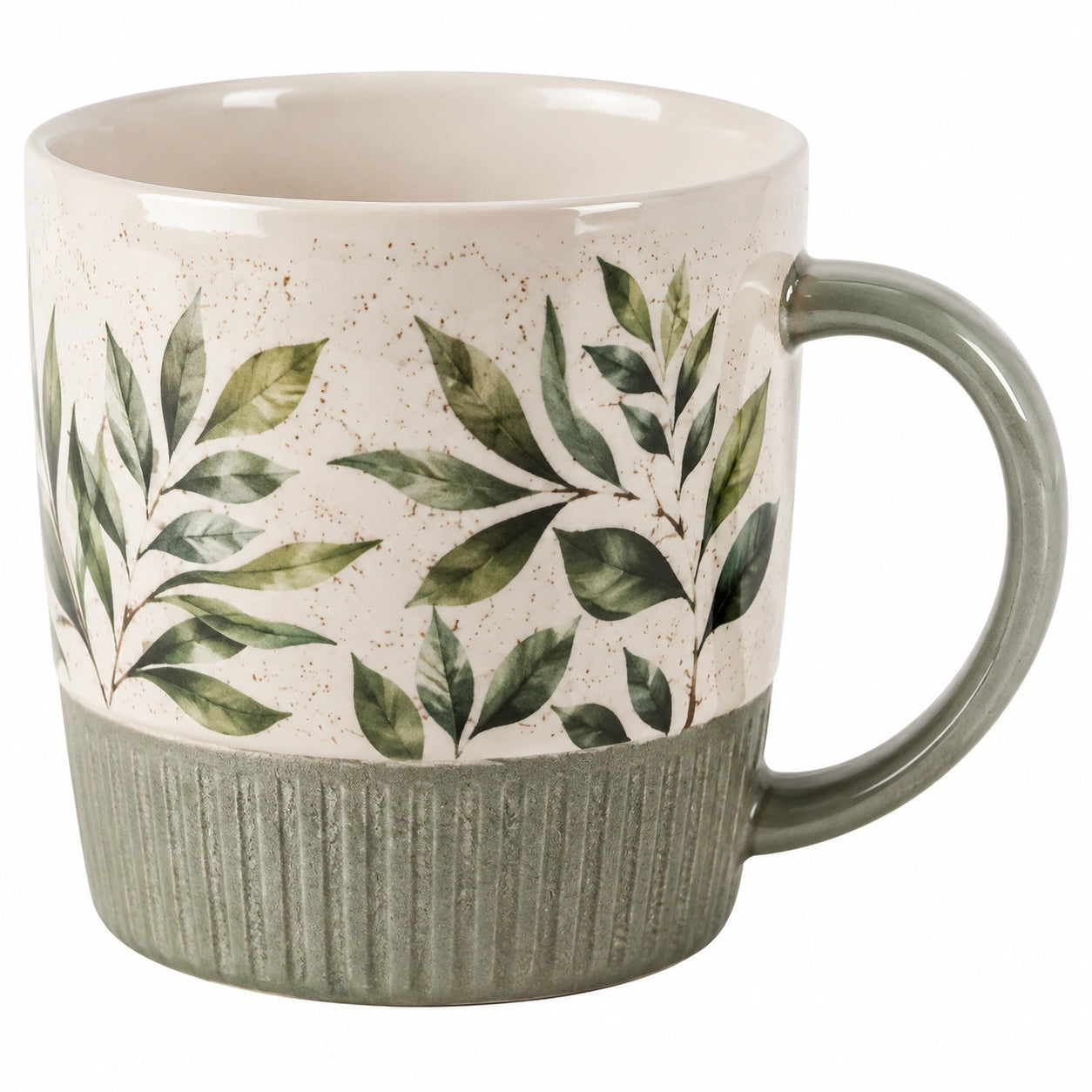 Tazza in ceramica 400 ml verde e crema con motivo botanico - manico ampio stile rustico