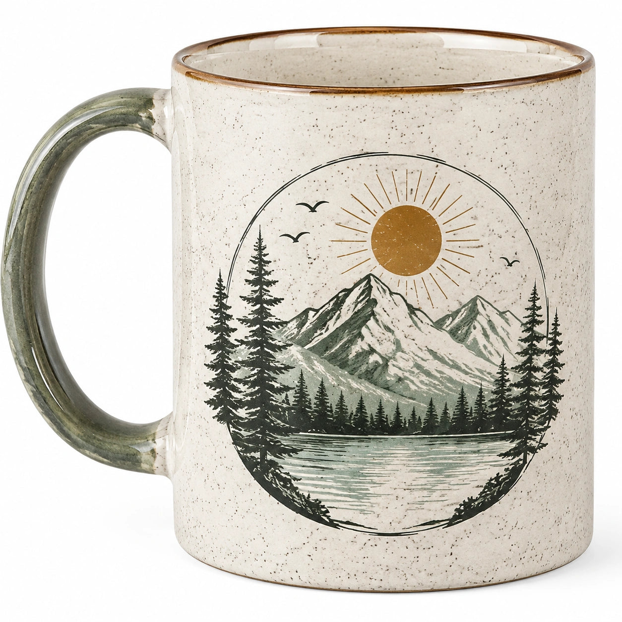 Tazza in ceramica 350 ml beige e verde con manico - motivo montagna per bevande calde
