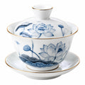 Tazza da tè con coperchio 180 ml in porcellana bianca e blu con piattino - stile floreale