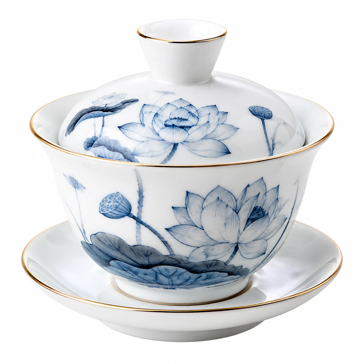 Tazza da tè con coperchio 180 ml in porcellana bianca e blu con piattino - stile floreale