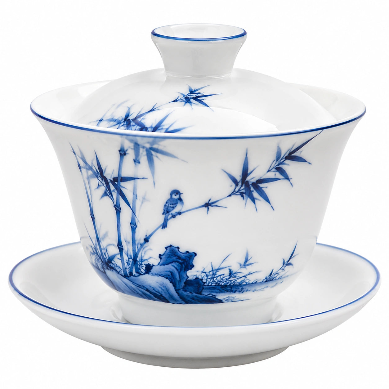 Tazza da tè con coperchio 150 ml in ceramica bianca e blu con piattino stile tradizionale