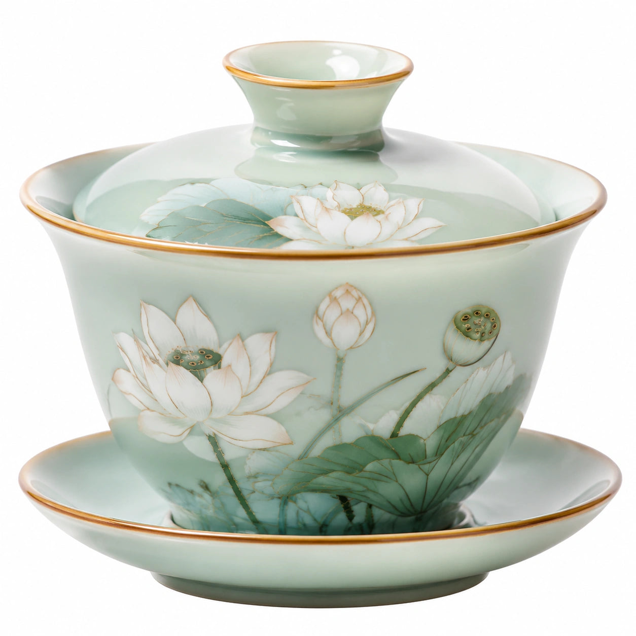 Tazza da tè con coperchio e piattino 150 ml 11.50 cm in porcellana verde chiaro con motivo loto stile tradizionale