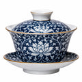 Tazza Gaiwan in porcellana 180 ml blu e bianco con motivo floreale e bordo dorato