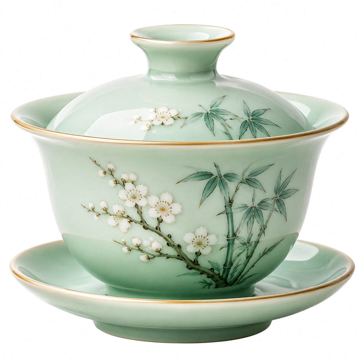 Gaiwan da tè in ceramica verde 150 ml con coperchio e piattino floreale