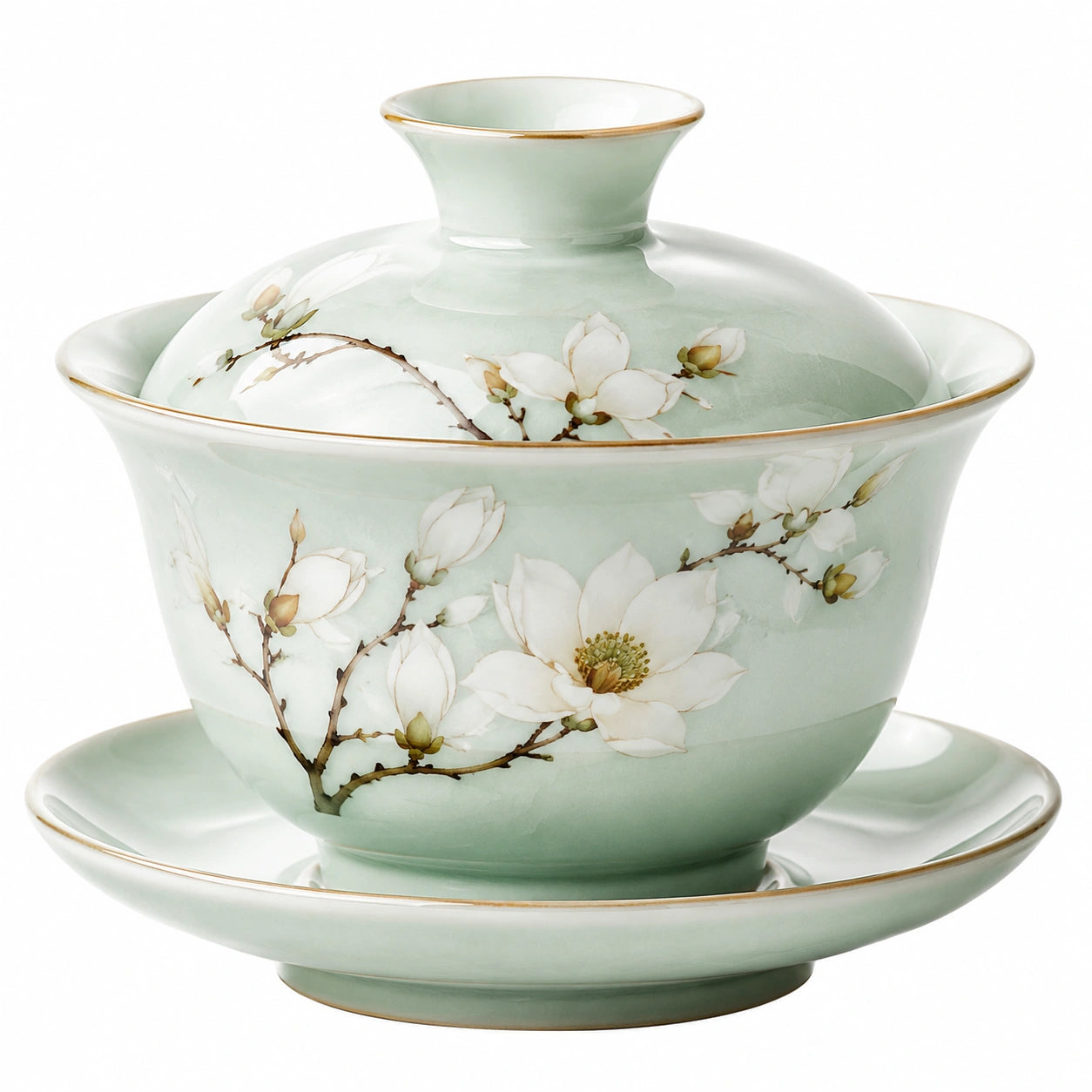 Tazza da tè Gaiwan 180 ml in porcellana verde con fiori - set con coperchio e piattino