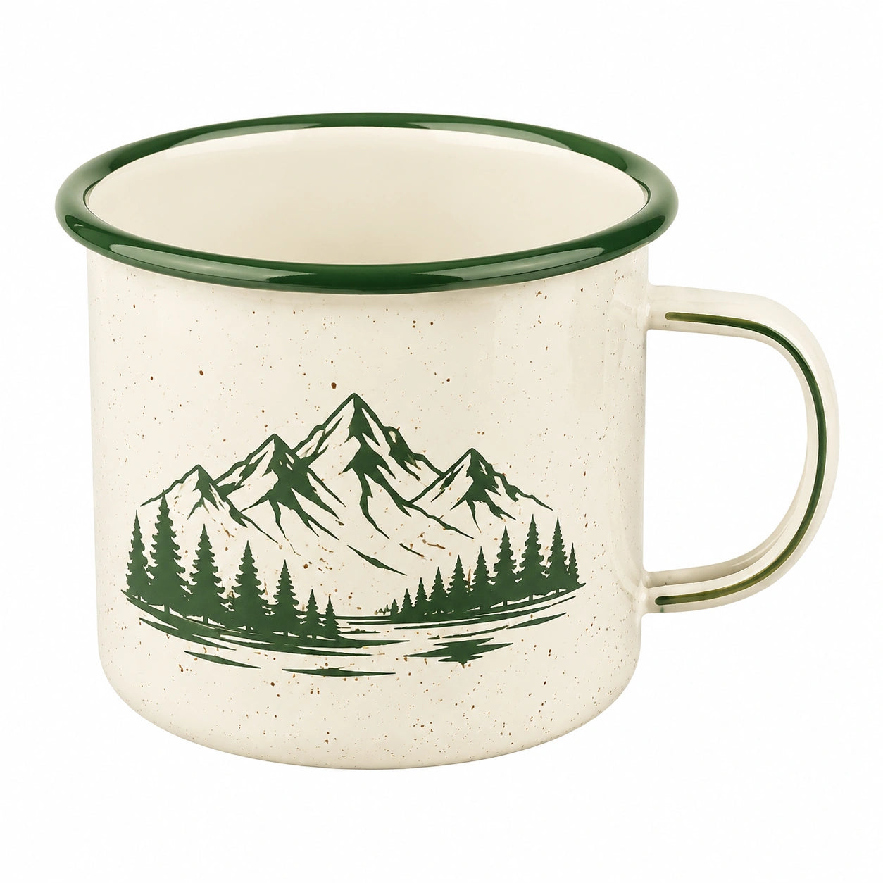 Tazza 400 ml in acciaio smaltato beige e verde con motivo montagna