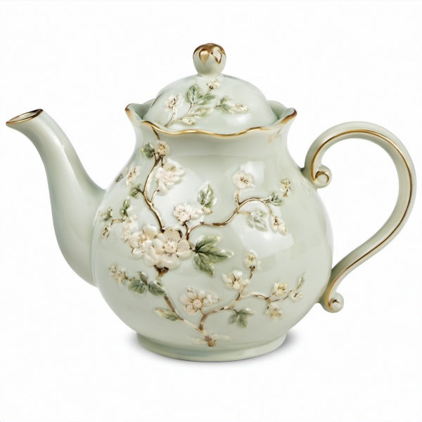 Teiera 1.20 L in ceramica verde chiaro con decoro floreale e coperchio