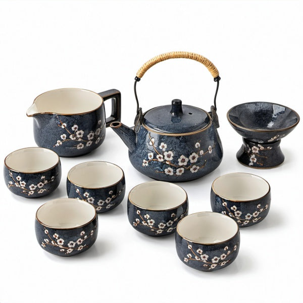 Servizio da tè in ceramica blu con 6 tazze e teiera 19 x 13 x 14 cm - decorazione floreale