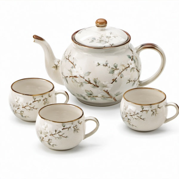 Servizio da tè in ceramica 4 pezzi beige con motivo floreale per 3 persone