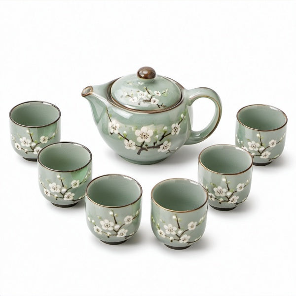Servizio da tè in ceramica 7 pezzi 900 ml verde salvia con motivo floreale