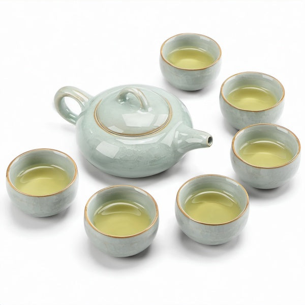 Servizio da tè 7 pezzi in ceramica verde celadon con teiera e 6 tazze
