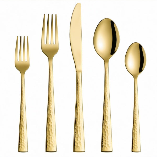 Set di posate 5 pezzi 14.5-23 cm in acciaio inox dorato con manici martellati - servizio da tavola