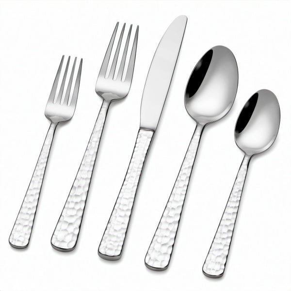 Set posate 5 pezzi 14.5-22 cm in acciaio inossidabile argento con manici martellati per tavola