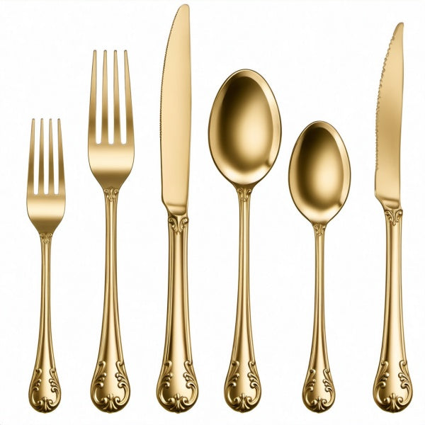 Set posate 6 pezzi in acciaio inox dorato stile classico per tavola