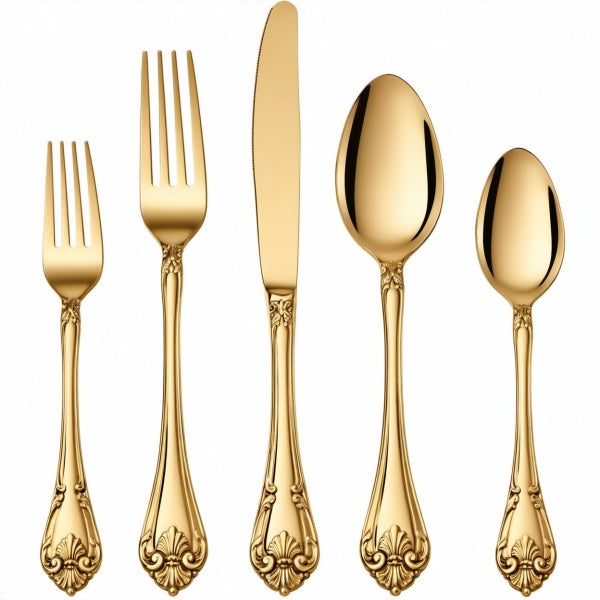 Set di posate 5 pezzi in acciaio inox color oro - stile classico per tavola