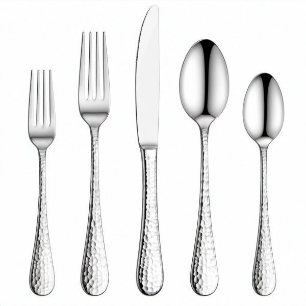 Set posate 5 pezzi 23 cm in acciaio inox argento con manici martellati
