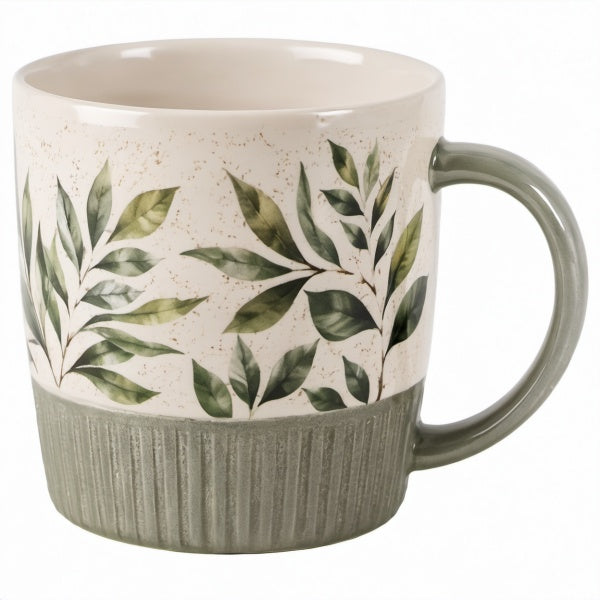 Tazza in ceramica 400 ml verde e crema con motivo botanico - manico ampio stile rustico