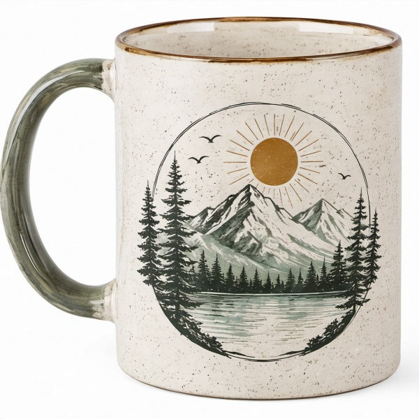 Tazza in ceramica 350 ml beige e verde con manico - motivo montagna per bevande calde