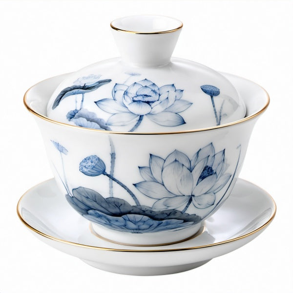 Tazza da tè con coperchio 180 ml in porcellana bianca e blu con piattino - stile floreale