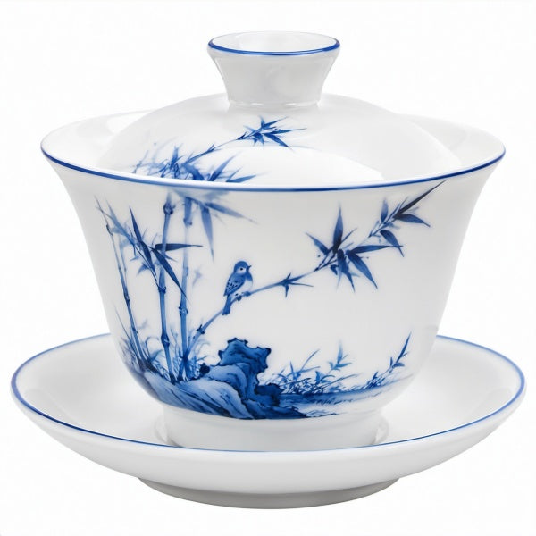 Tazza da tè con coperchio 150 ml in ceramica bianca e blu con piattino stile tradizionale