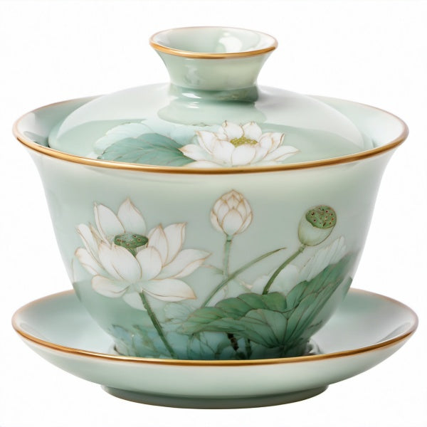 Tazza da tè con coperchio e piattino 150 ml 11.50 cm in porcellana verde chiaro con motivo loto stile tradizionale