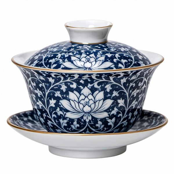 Tazza Gaiwan in porcellana 180 ml blu e bianco con motivo floreale e bordo dorato