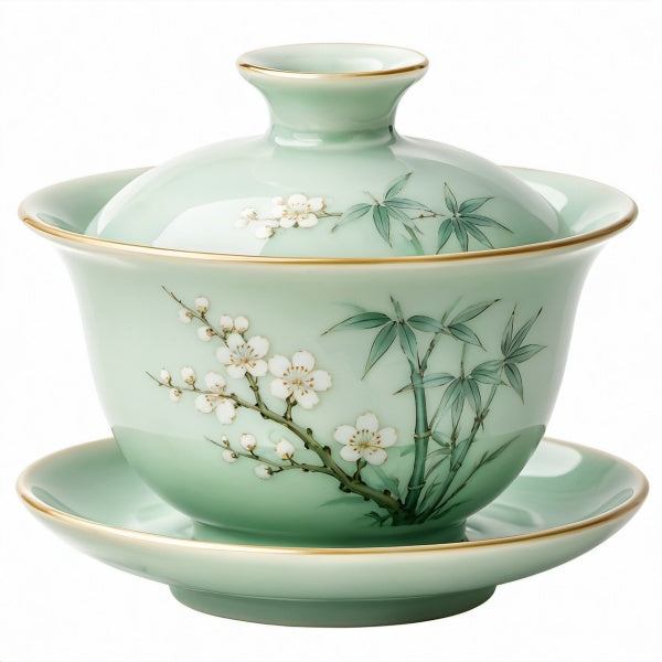 Gaiwan da tè in ceramica verde 150 ml con coperchio e piattino floreale