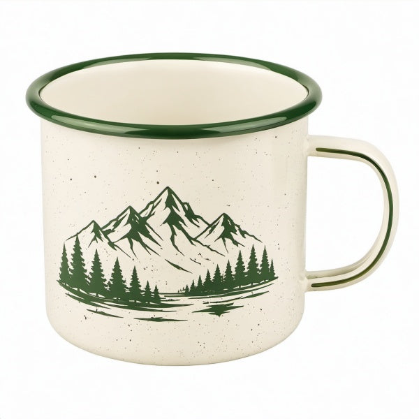 Tazza 400 ml in acciaio smaltato beige e verde con motivo montagna