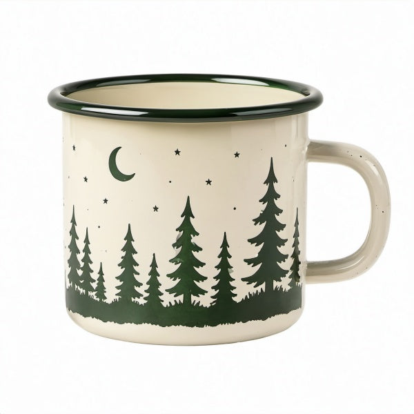 Tazza smaltata 400 ml in acciaio crema e verde con manico motivo bosco
